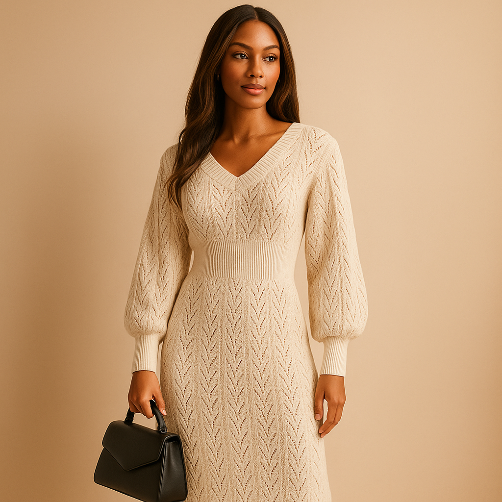 Knitted V-neck dress for women with long sleeves and soft cotton fabric, perfect for spring, summer, and elegant everyday wear.