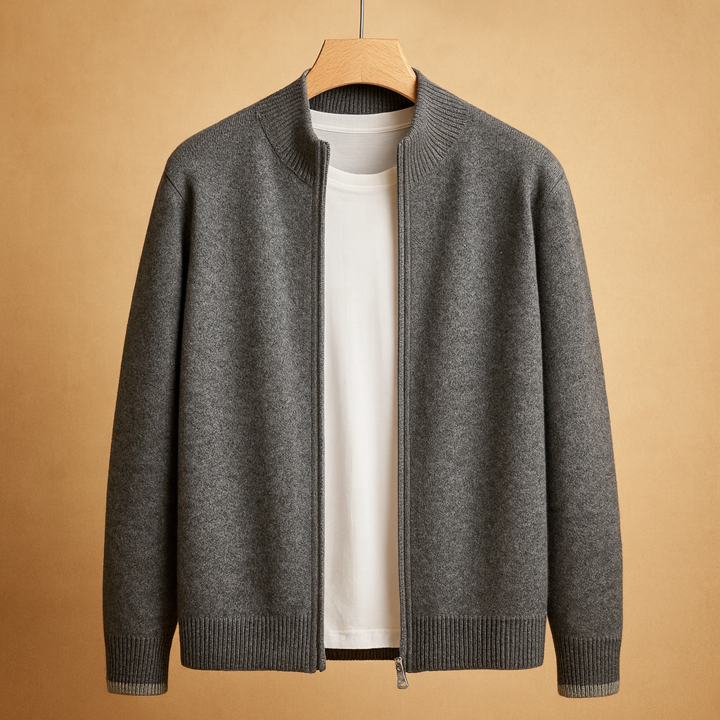 Knitted zip cardigan for men with ribbed collar and soft warm fit, ideal for casual or business outfits in autumn and winter.