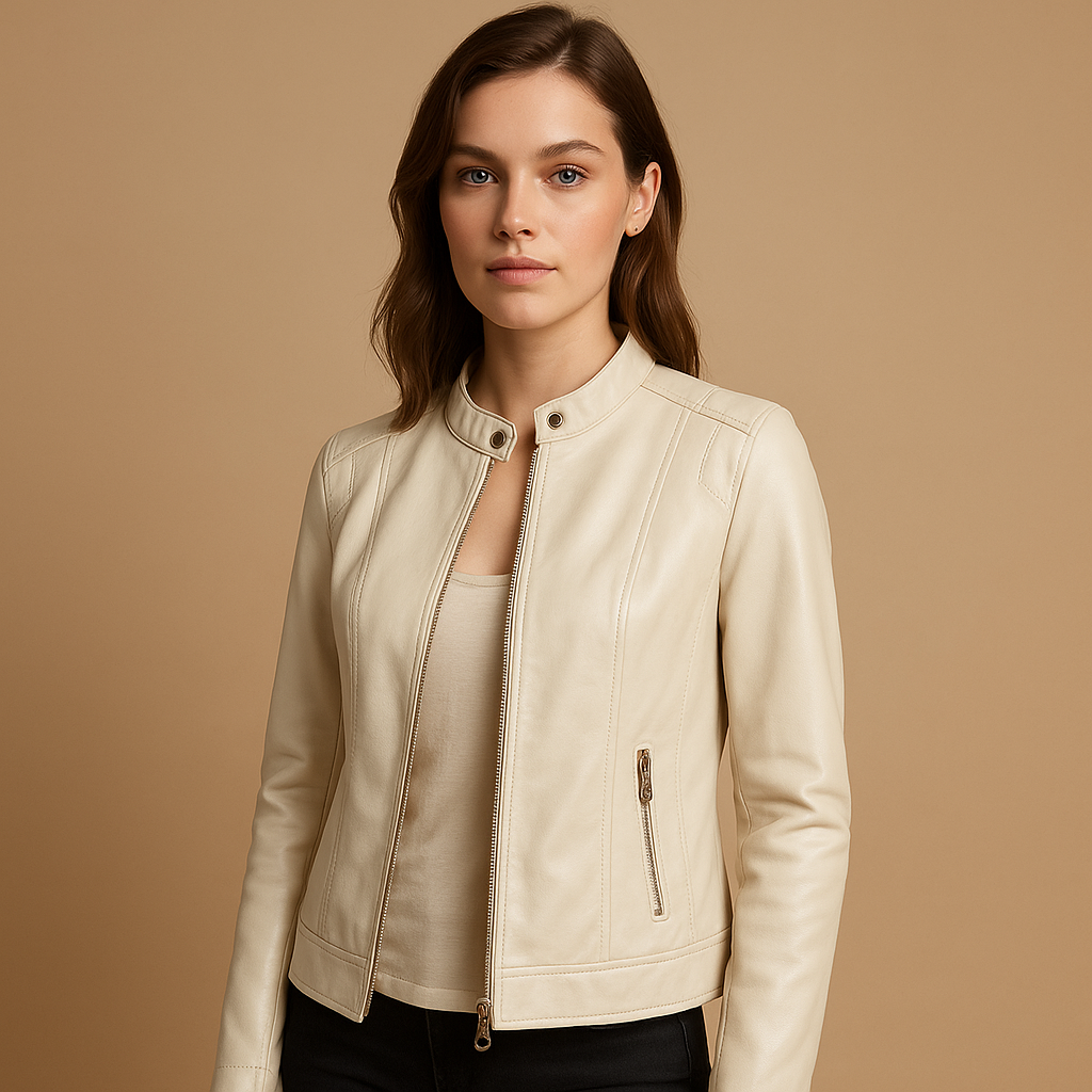 Leather biker jacket for women with tailored fit, symmetric zipper, metal details, and zip pockets. Ideal for casual or evening spring and autumn looks.