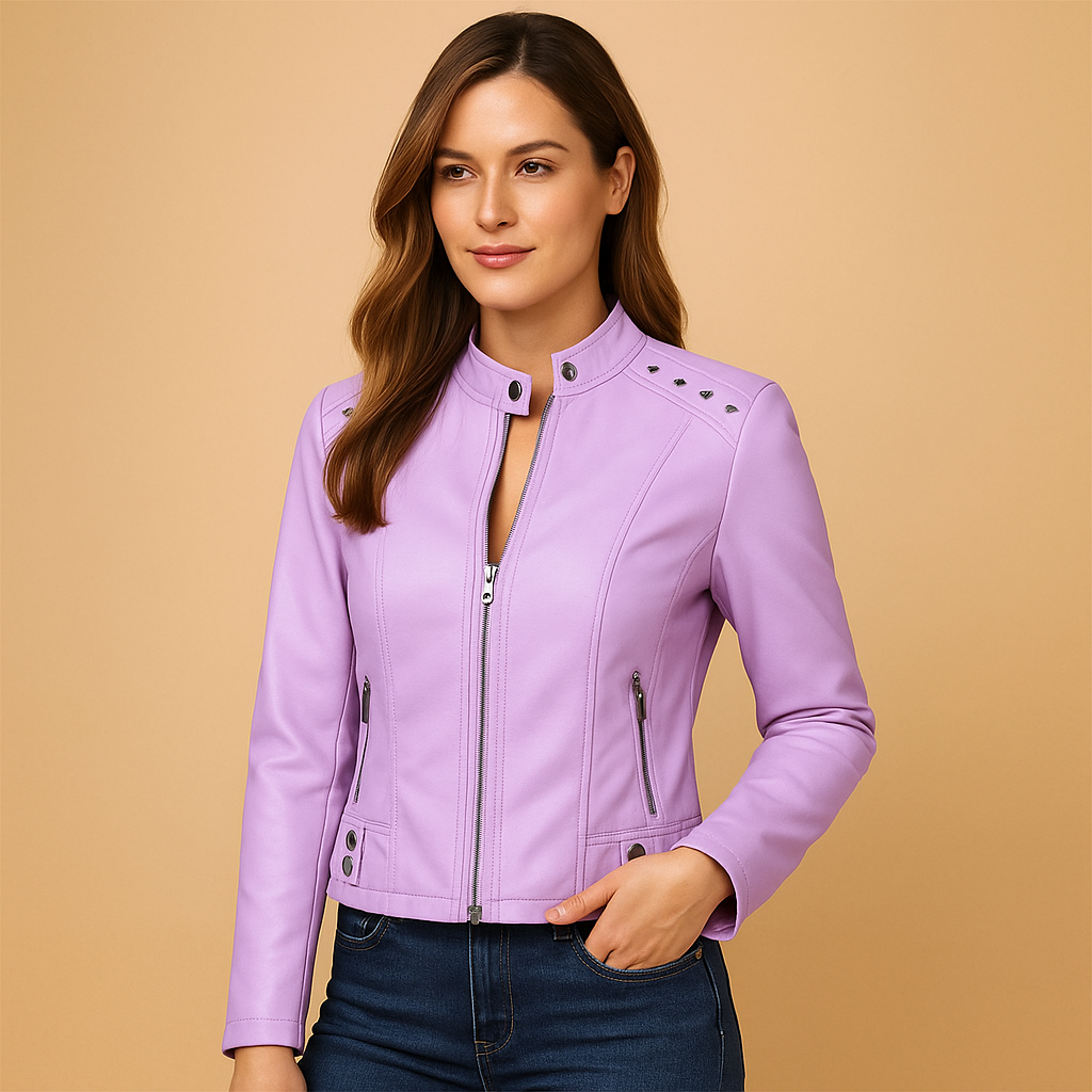 Leather biker jacket for women with structured fit, stand-up collar, shoulder studs, and metal accents. Ideal for city trips and casual chic outfits.