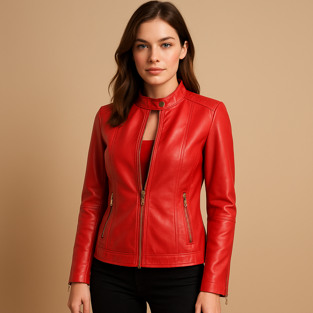 Leather biker jacket for women with tailored fit, symmetric zipper, metal details, and zip pockets. Ideal for casual or evening spring and autumn looks.