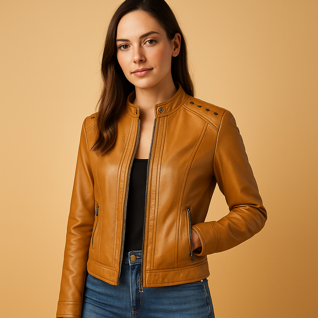 Leather biker jacket for women with structured fit, stand-up collar, shoulder studs, and metal accents. Ideal for city trips and casual chic outfits.