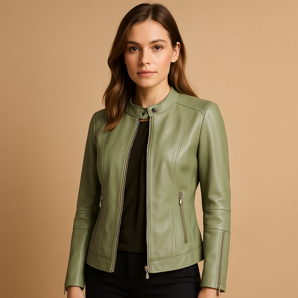 Leather biker jacket for women with tailored fit, symmetric zipper, metal details, and zip pockets. Ideal for casual or evening spring and autumn looks.