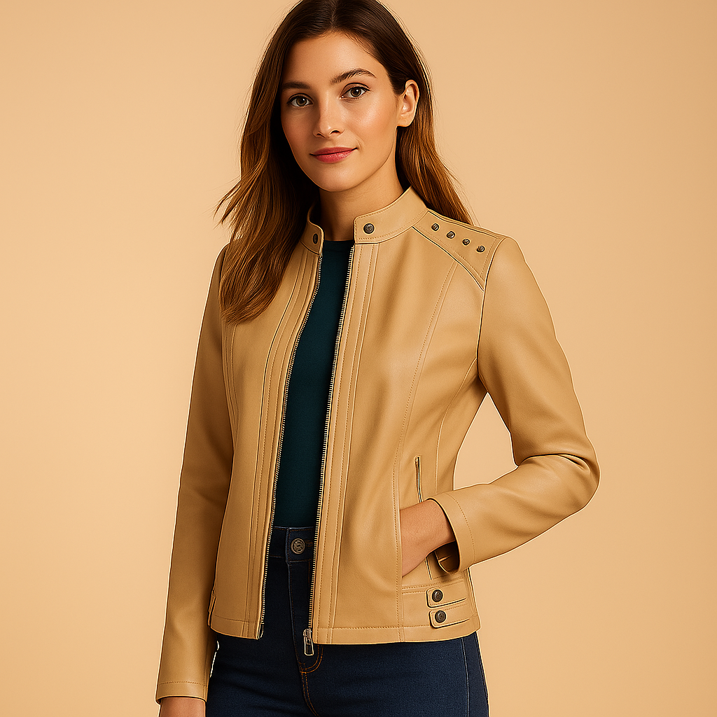 Leather biker jacket for women with structured fit, stand-up collar, shoulder studs, and metal accents. Ideal for city trips and casual chic outfits.