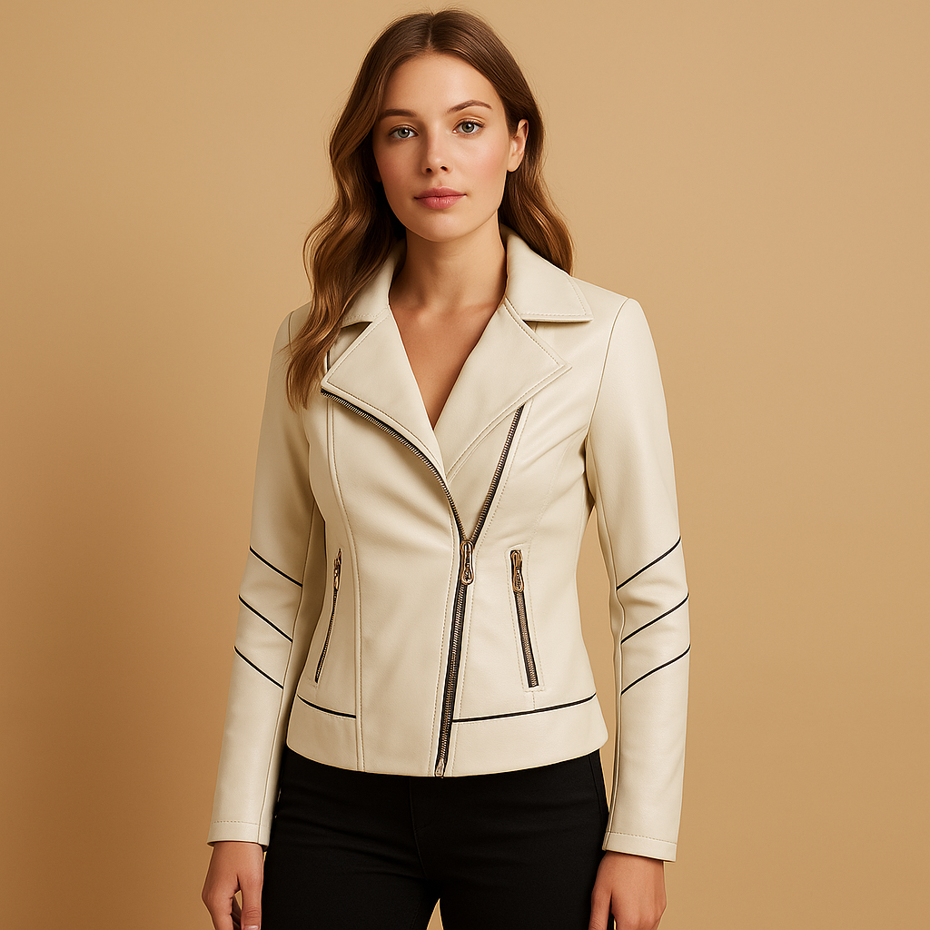 Leather jacket for women with lapel collar, asymmetrical zipper, and metal details. Comfortable fit, perfect for casual or elegant occasions.