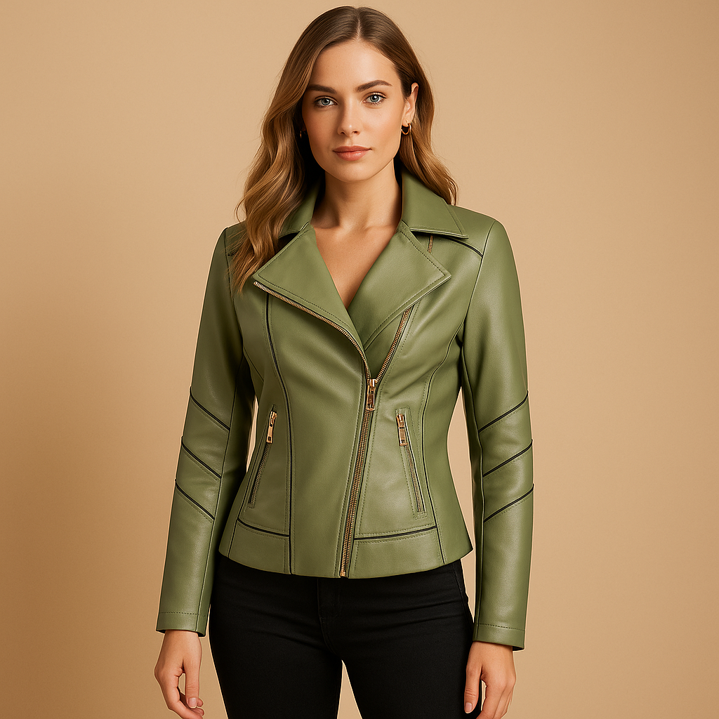 Leather jacket for women with lapel collar, asymmetrical zipper, and metal details. Comfortable fit, perfect for casual or elegant occasions.