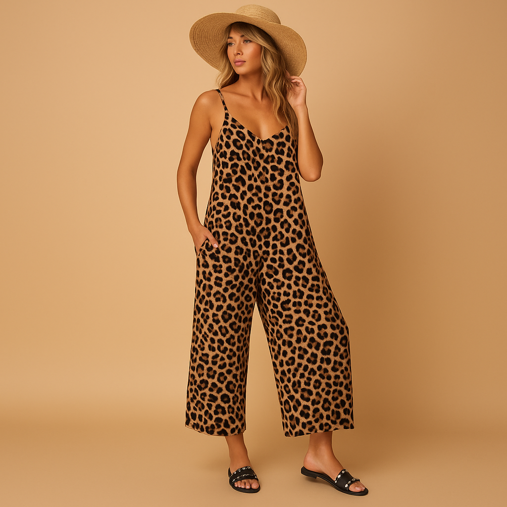 Leopard print halter jumpsuit for women with lightweight fabric and comfortable fit, perfect for summer vacations, casual wear, and sunny days.