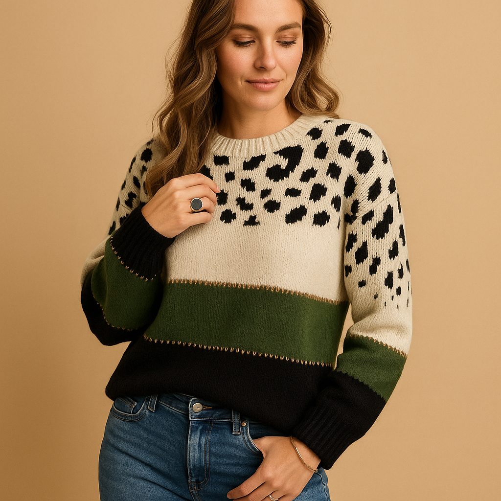 Women’s leopard print sweater in beige with black pattern, relaxed fit and breathable fabric. Ideal for casual chic outfits in every season.