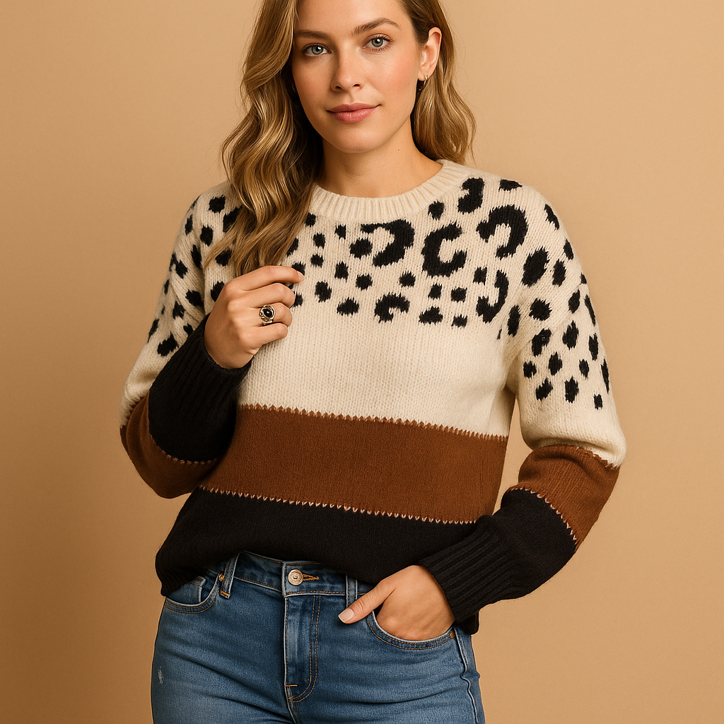 Women’s leopard print sweater in beige with black pattern, relaxed fit and breathable fabric. Ideal for casual chic outfits in every season.