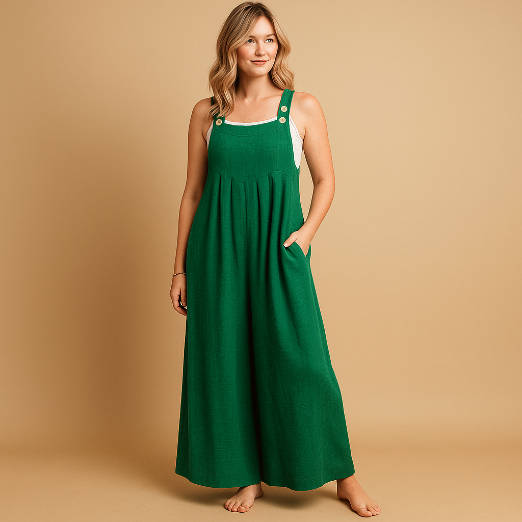 Women’s light cotton overall with adjustable straps in multiple colours, perfect for summer outings, shopping trips, and relaxed days at home.