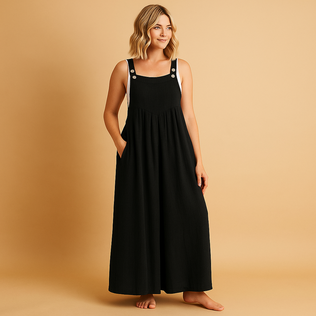 Women’s light cotton overall with adjustable straps in multiple colours, perfect for summer outings, shopping trips, and relaxed days at home.