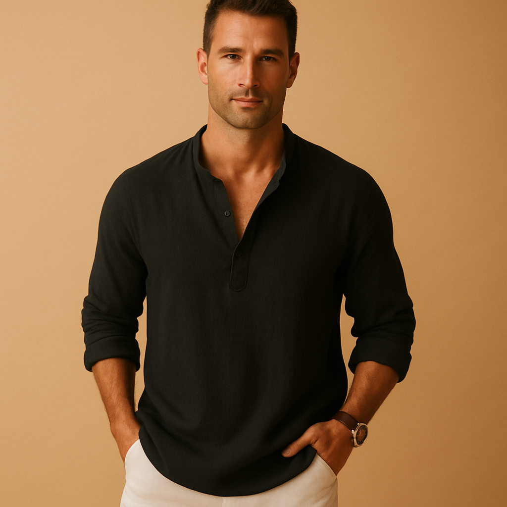 Men’s light long sleeve V-neck shirt with breathable fit, rollable sleeves, and modern cut. Available in White, Pink, Navy Blue, Grey, Blue, and Black.