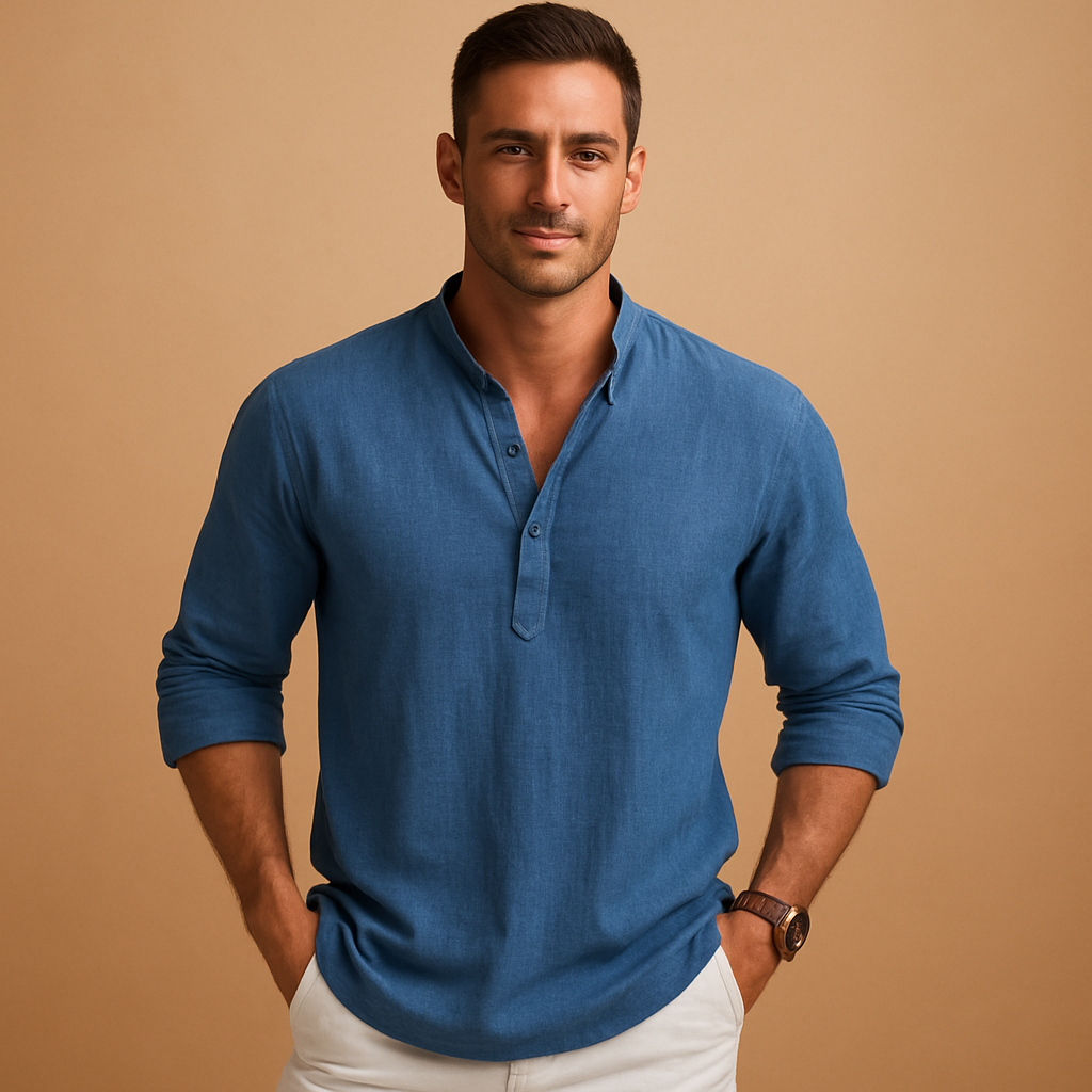 Men’s light long sleeve V-neck shirt with breathable fit, rollable sleeves, and modern cut. Available in White, Pink, Navy Blue, Grey, Blue, and Black.