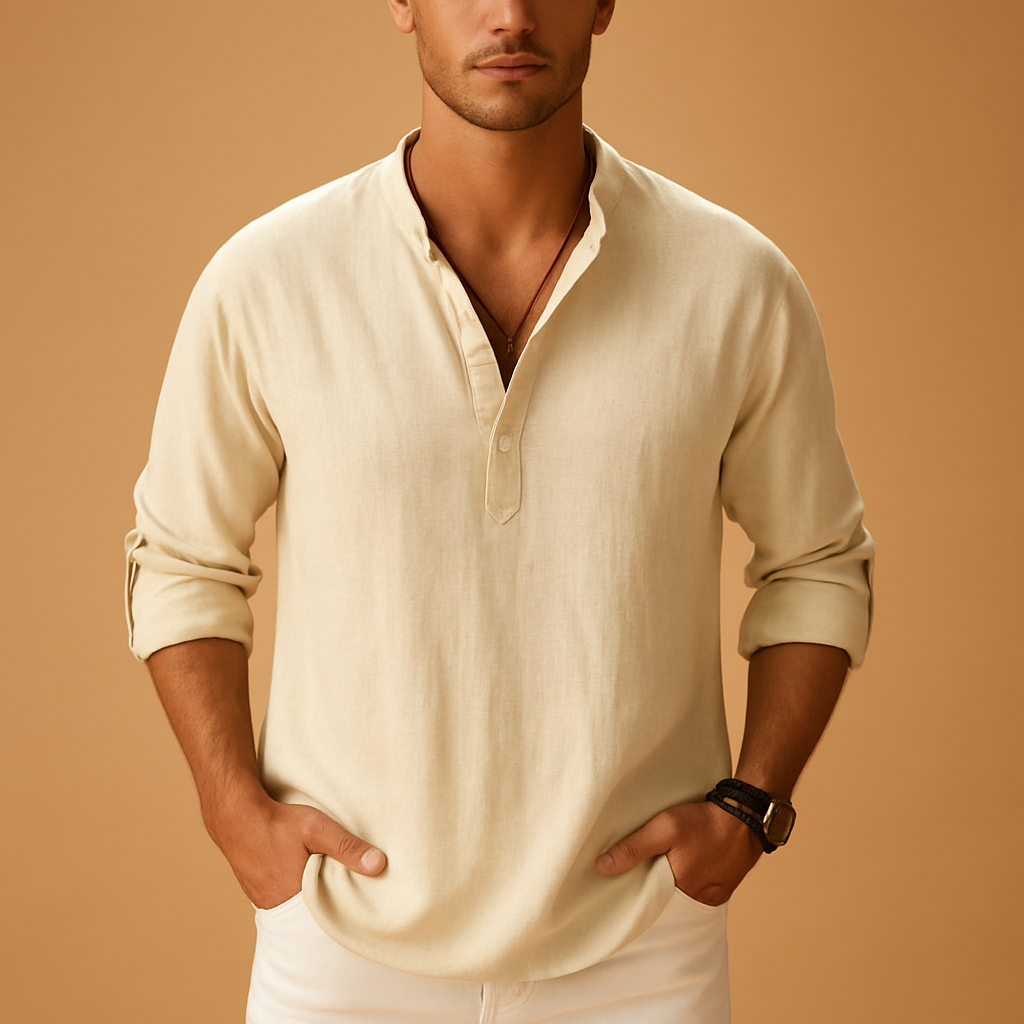 Men’s light long sleeve V-neck shirt with breathable fit, rollable sleeves, and modern cut. Available in White, Pink, Navy Blue, Grey, Blue, and Black.