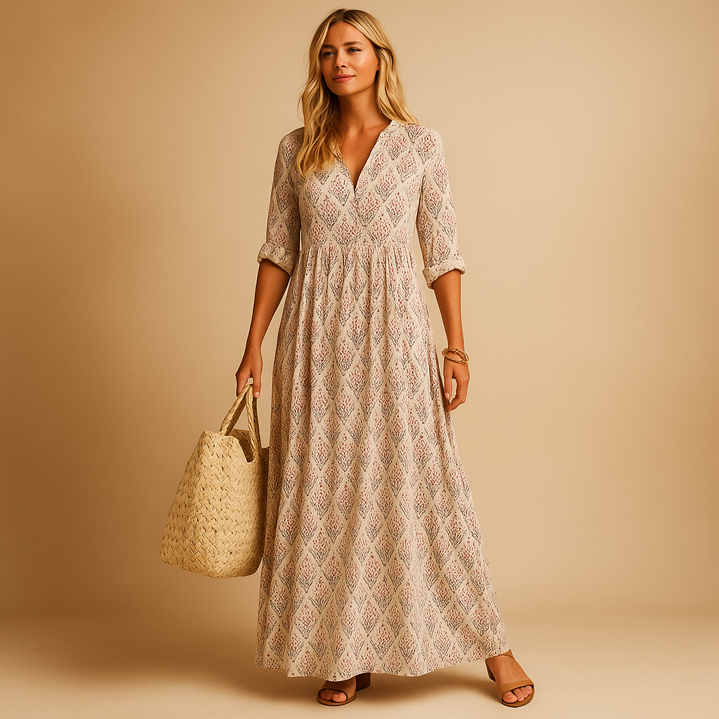 Light summer knee-length dress for women with breathable fabric and elegant fit, perfect for warm days and casual chic occasions.