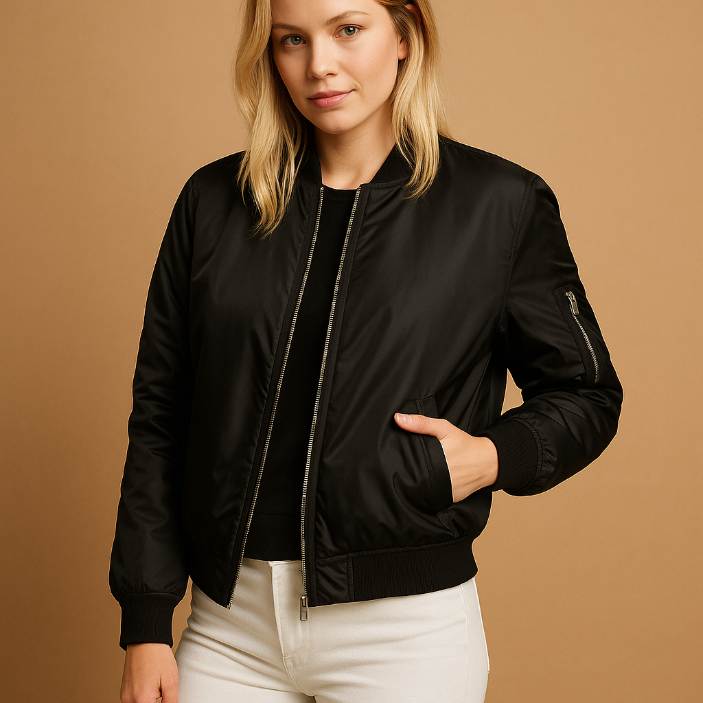 Lightweight bomber jacket for women with zip closure and side pockets, perfect for cool summer days and casual chic looks.