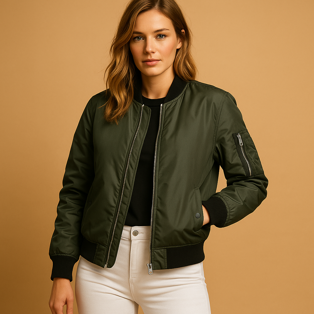 Lightweight bomber jacket for women with zip closure and side pockets, perfect for cool summer days and casual chic looks.
