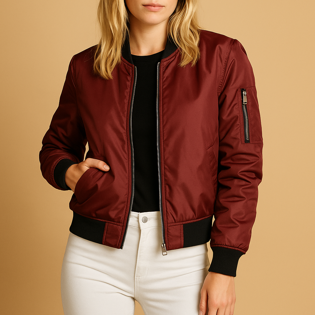 Lightweight bomber jacket for women with zip closure and side pockets, perfect for cool summer days and casual chic looks.