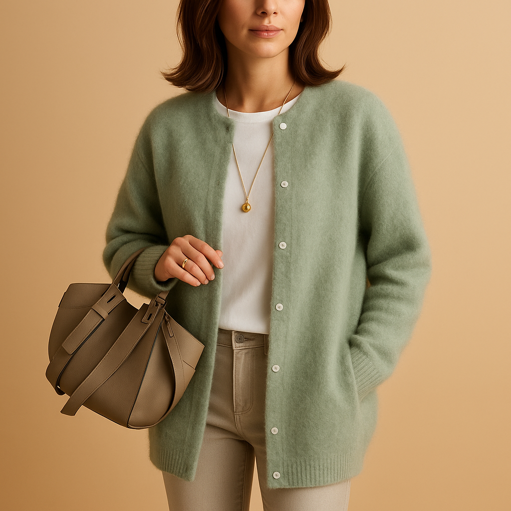 Lightweight knitted cardigan for women with relaxed fit, hip-length cut, button closure, and long sleeves, ideal for layering in any season.