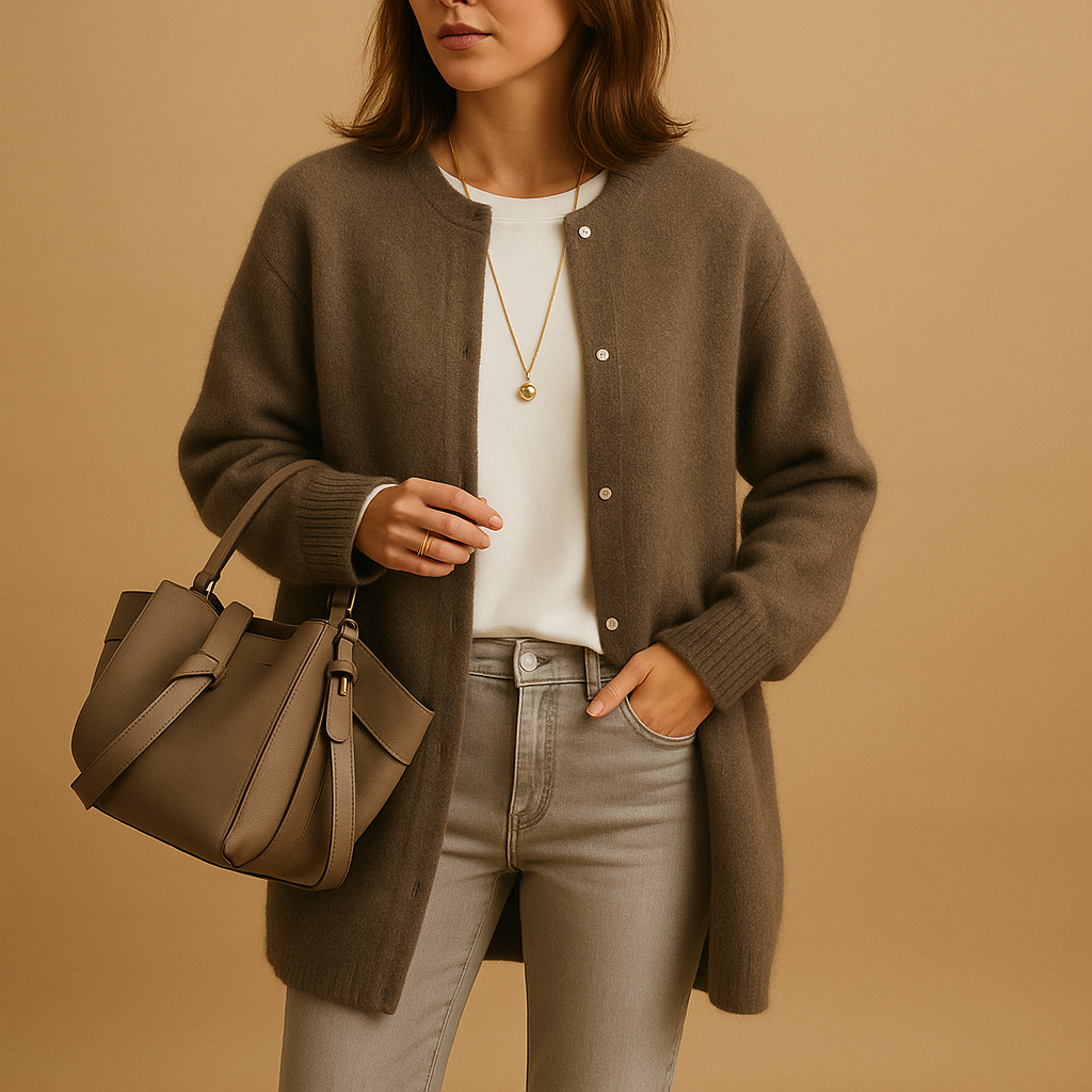 Lightweight knitted cardigan for women with relaxed fit, hip-length cut, button closure, and long sleeves, ideal for layering in any season.