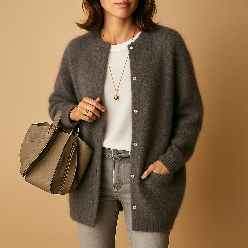 Lightweight knitted cardigan for women with relaxed fit, hip-length cut, button closure, and long sleeves, ideal for layering in any season.