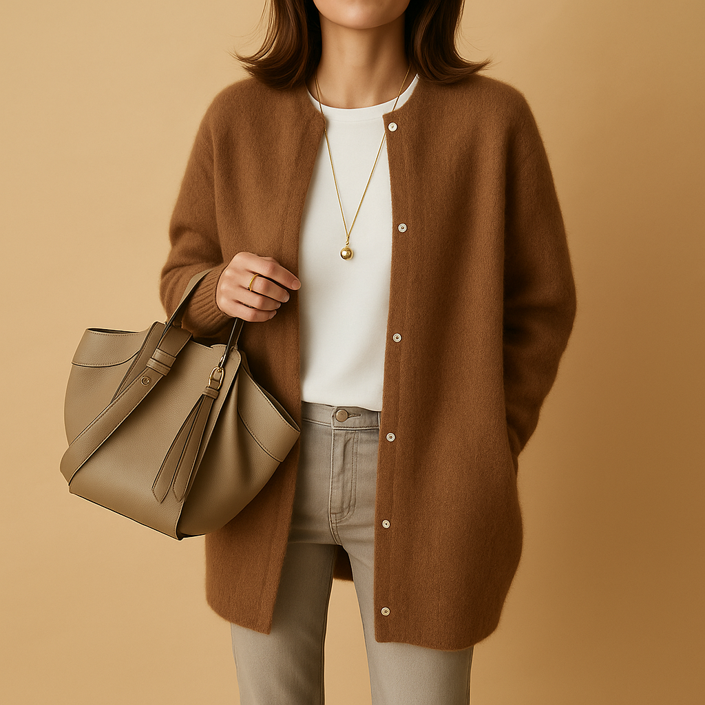 Lightweight knitted cardigan for women with relaxed fit, hip-length cut, button closure, and long sleeves, ideal for layering in any season.