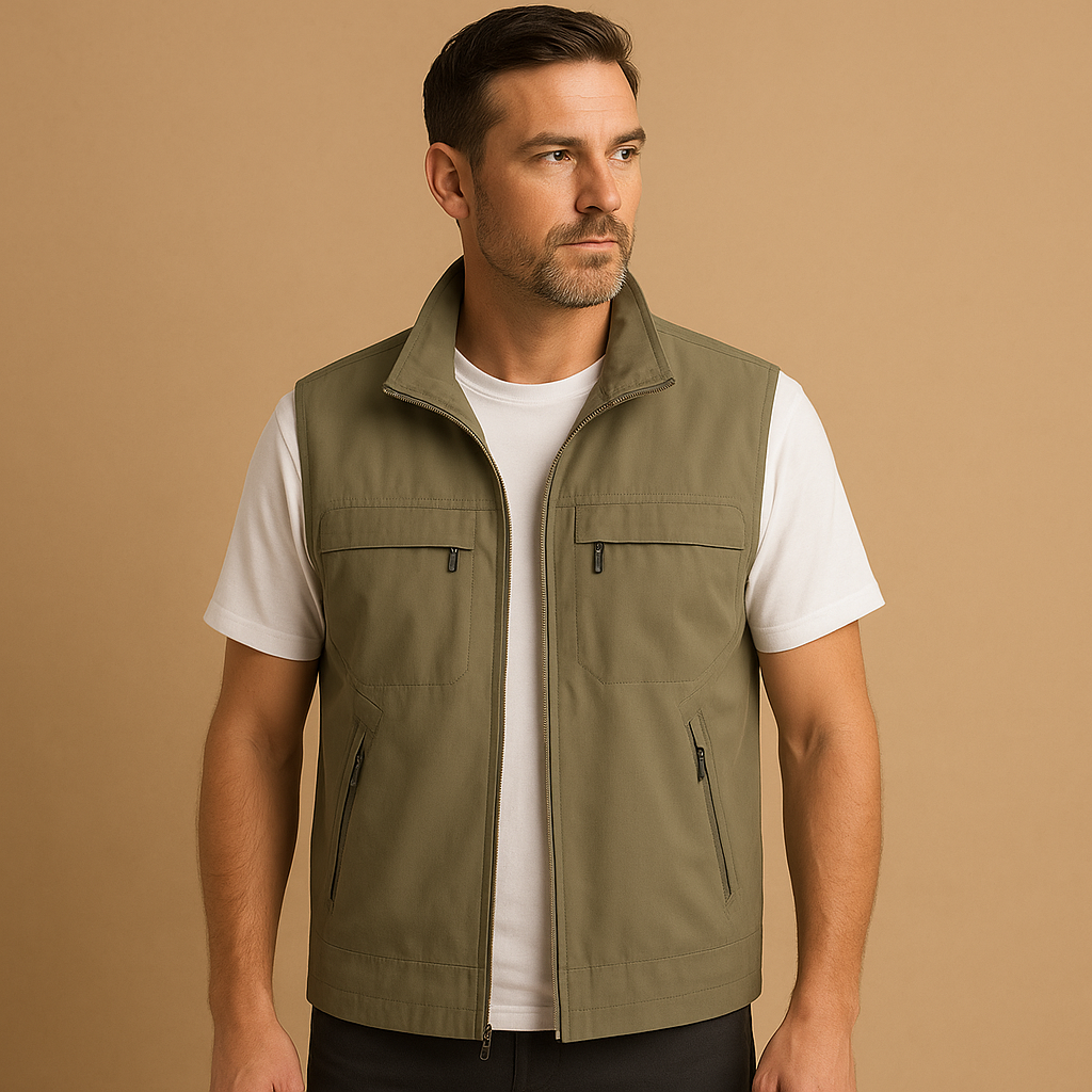 Men’s lightweight outdoor cardigan with breathable mesh fabric, short sleeves, and practical pockets, perfect for hiking, fishing, and camping.