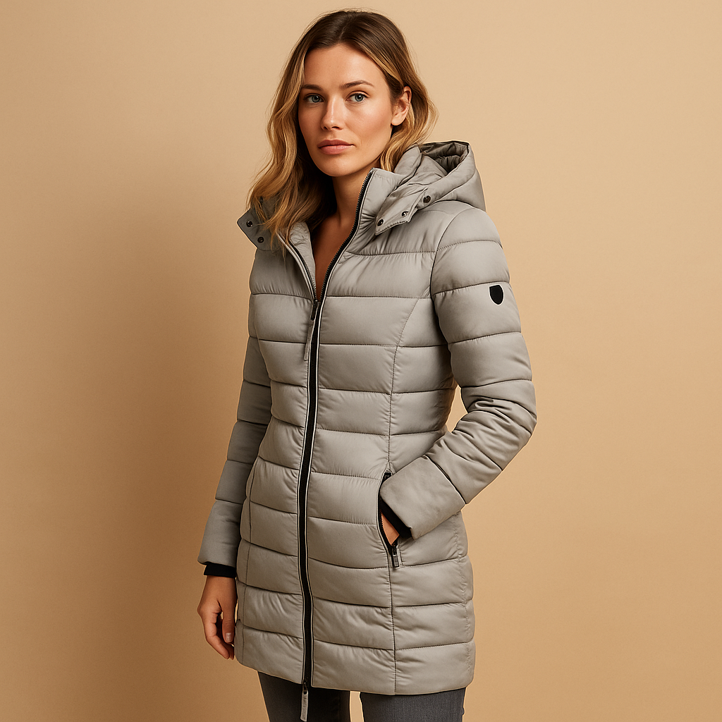 Women’s lightweight quilted puffer jacket with natural filling, modern design, and vibrant seasonal colors. Ideal for work, leisure, and city walks.