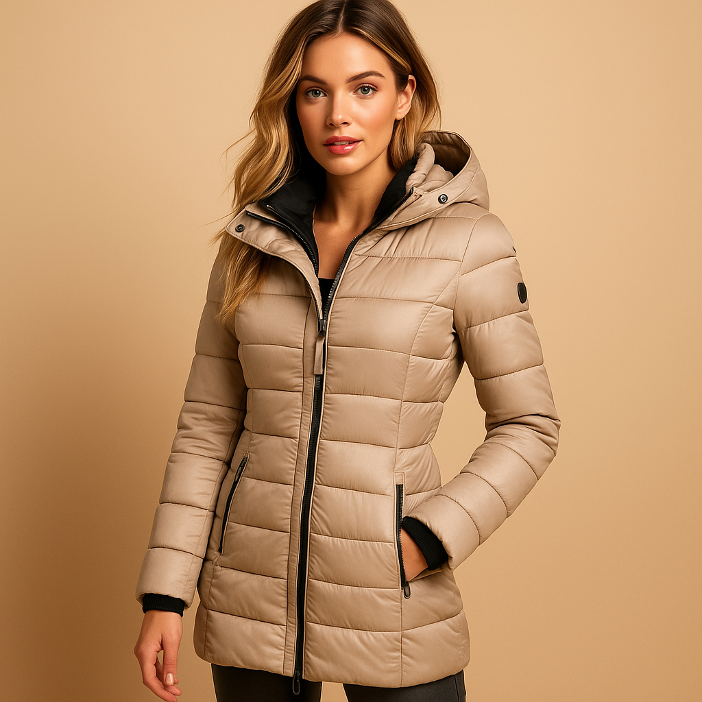 Women’s lightweight quilted puffer jacket with natural filling, modern design, and vibrant seasonal colors. Ideal for work, leisure, and city walks.