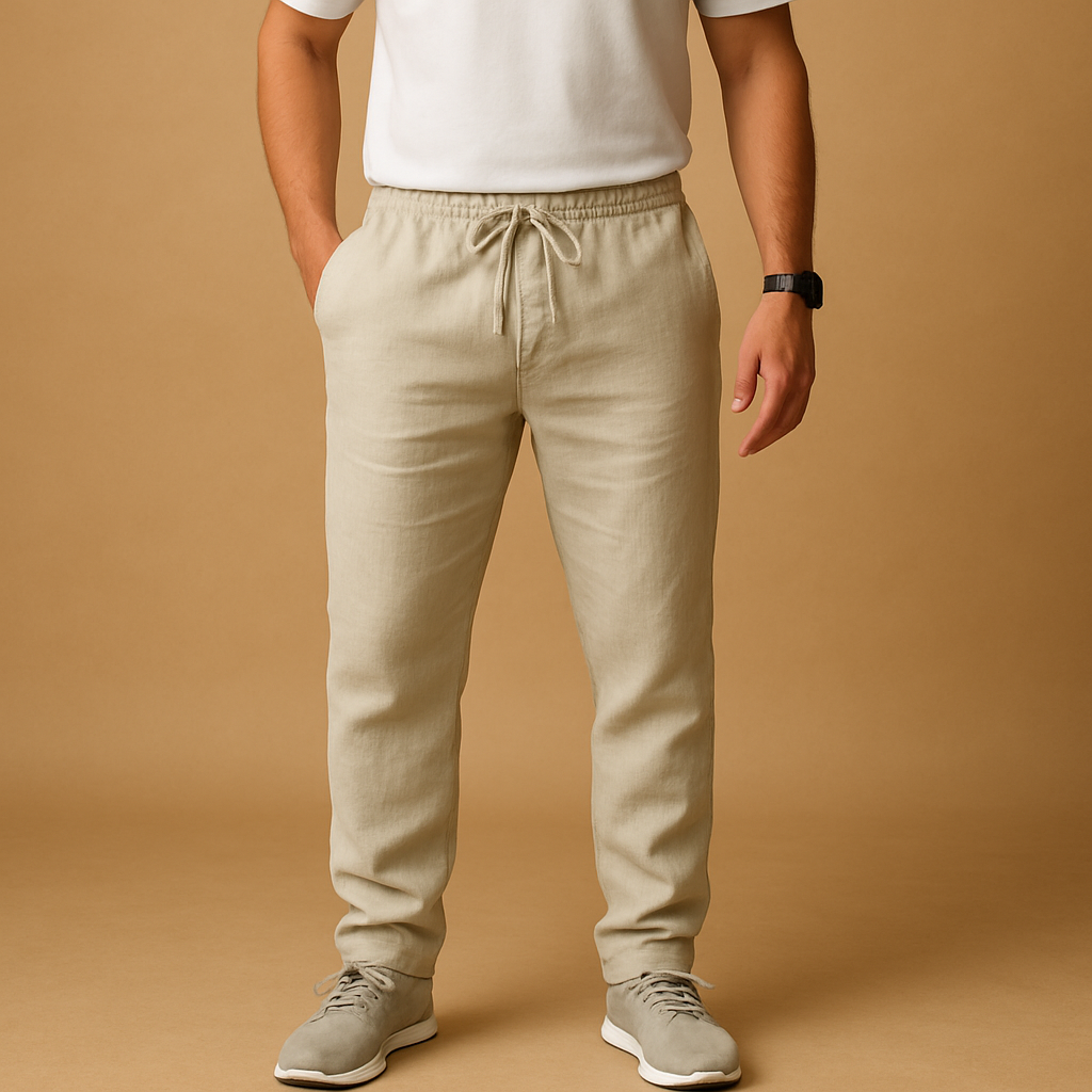 Men’s lightweight summer pants Elliot in breathable fabric with relaxed fit, available in neutral tones like beige and sand. Perfect for warm days.