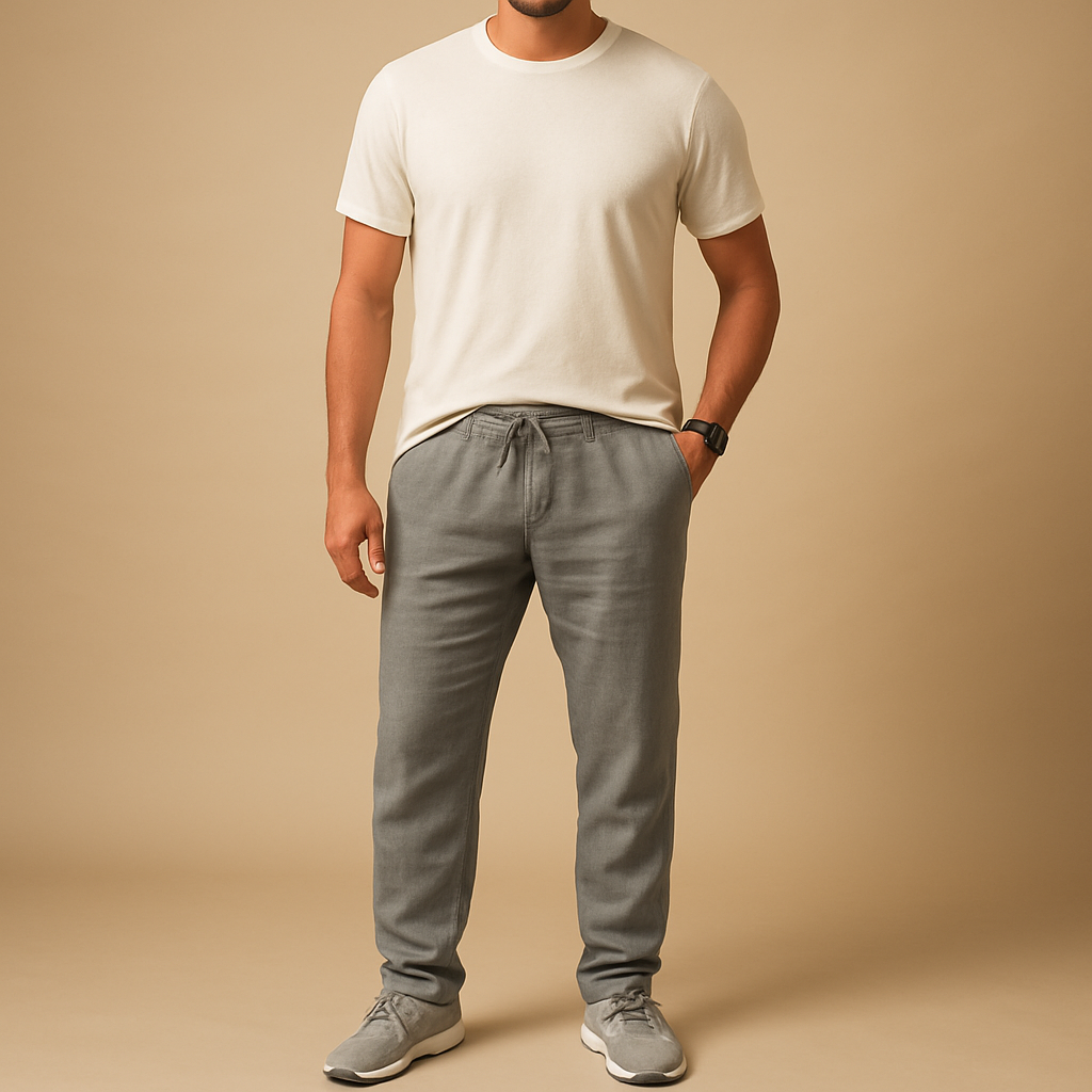 Men’s lightweight summer pants Elliot in breathable fabric with relaxed fit, available in neutral tones like beige and sand. Perfect for warm days.