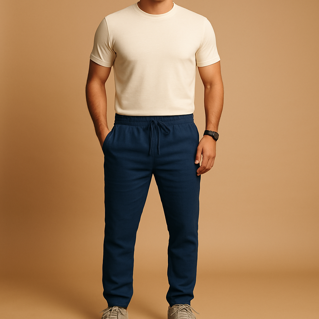 Men’s lightweight summer pants Elliot in breathable fabric with relaxed fit, available in neutral tones like beige and sand. Perfect for warm days.