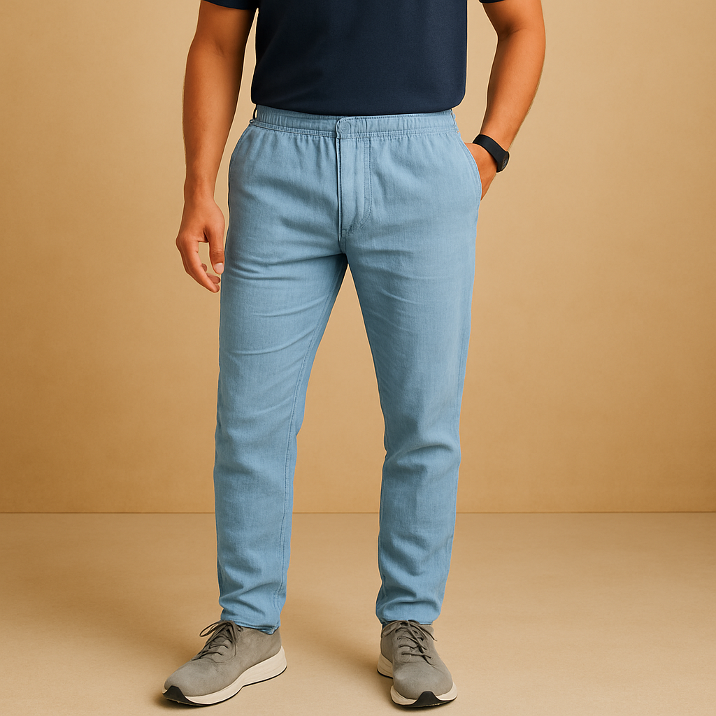 Men’s lightweight summer pants Elliot in breathable fabric with relaxed fit, available in neutral tones like beige and sand. Perfect for warm days.