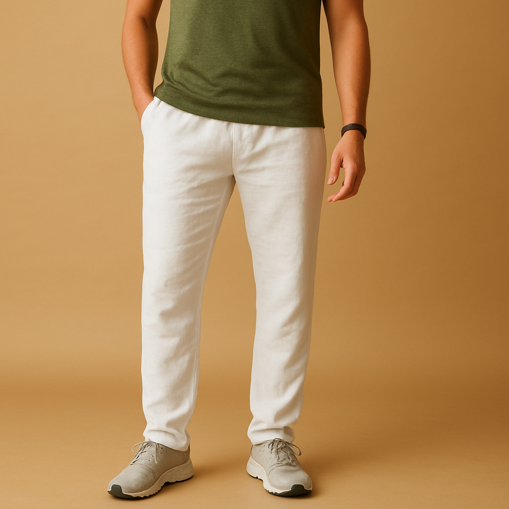 Men’s lightweight summer pants Elliot in breathable fabric with relaxed fit, available in neutral tones like beige and sand. Perfect for warm days.
