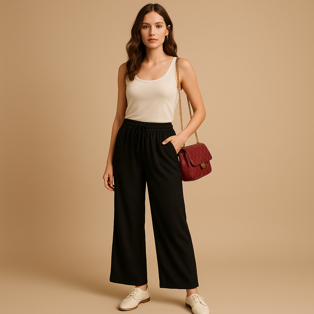Lightweight summer trousers for women with a loose fit and elastic waist, available in multiple colours for casual and chic warm-weather outfits.