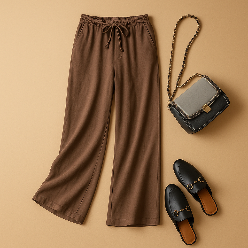 Lightweight summer trousers for women with a loose fit and elastic waist, available in multiple colours for casual and chic warm-weather outfits.