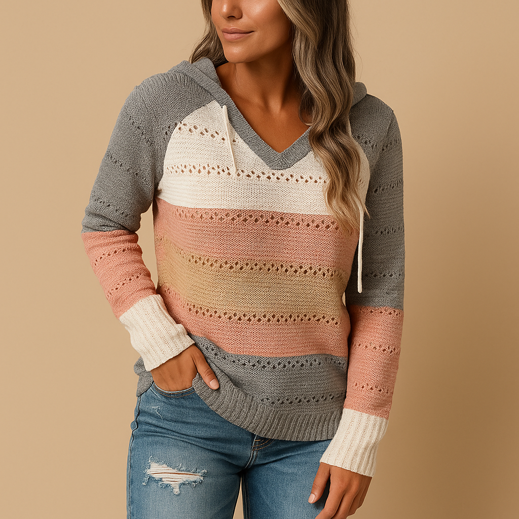 Women’s lightweight V-neck knitted sweater with breathable fabric and open-knit detail, relaxed fit, ideal for layering in spring, summer, or autumn.