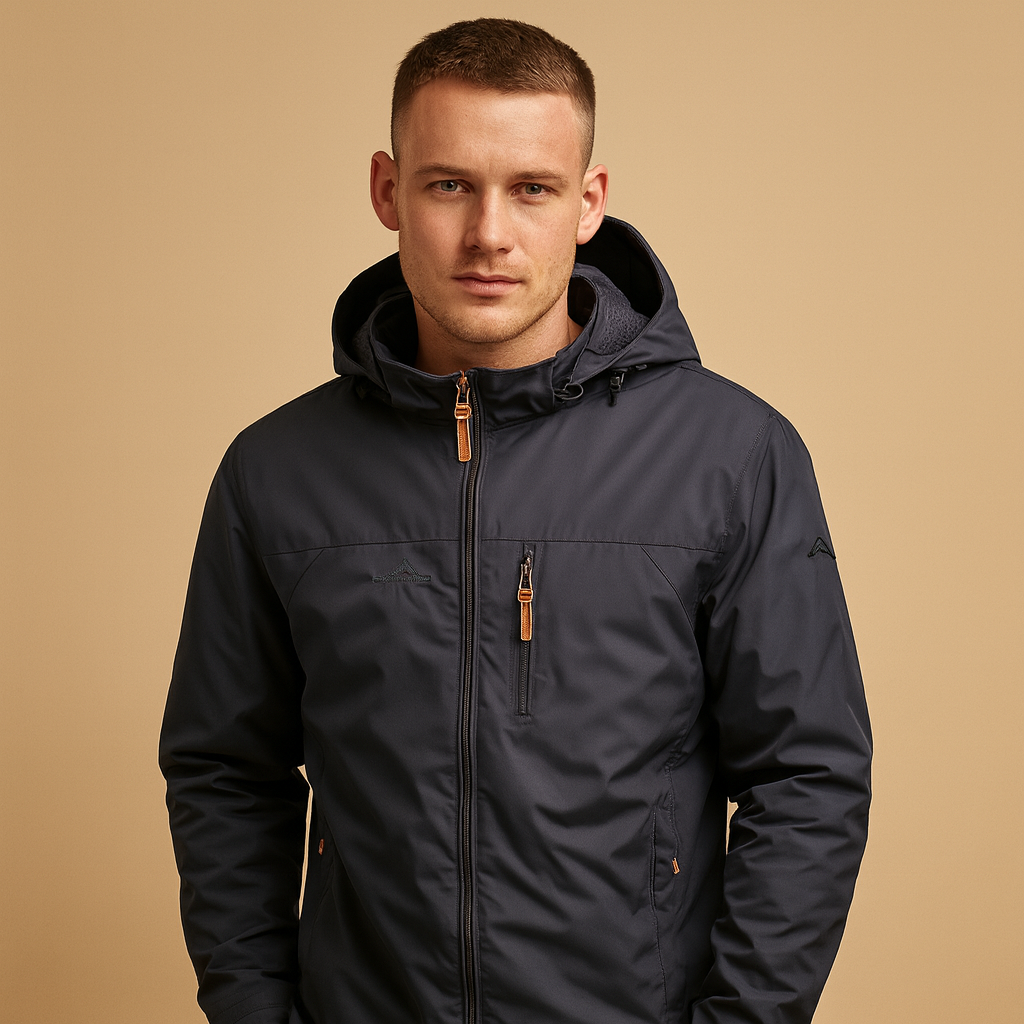 Men’s lightweight waterproof rain jacket with adjustable hood, breathable fabric, and modern design, perfect for outdoor and daily wear.