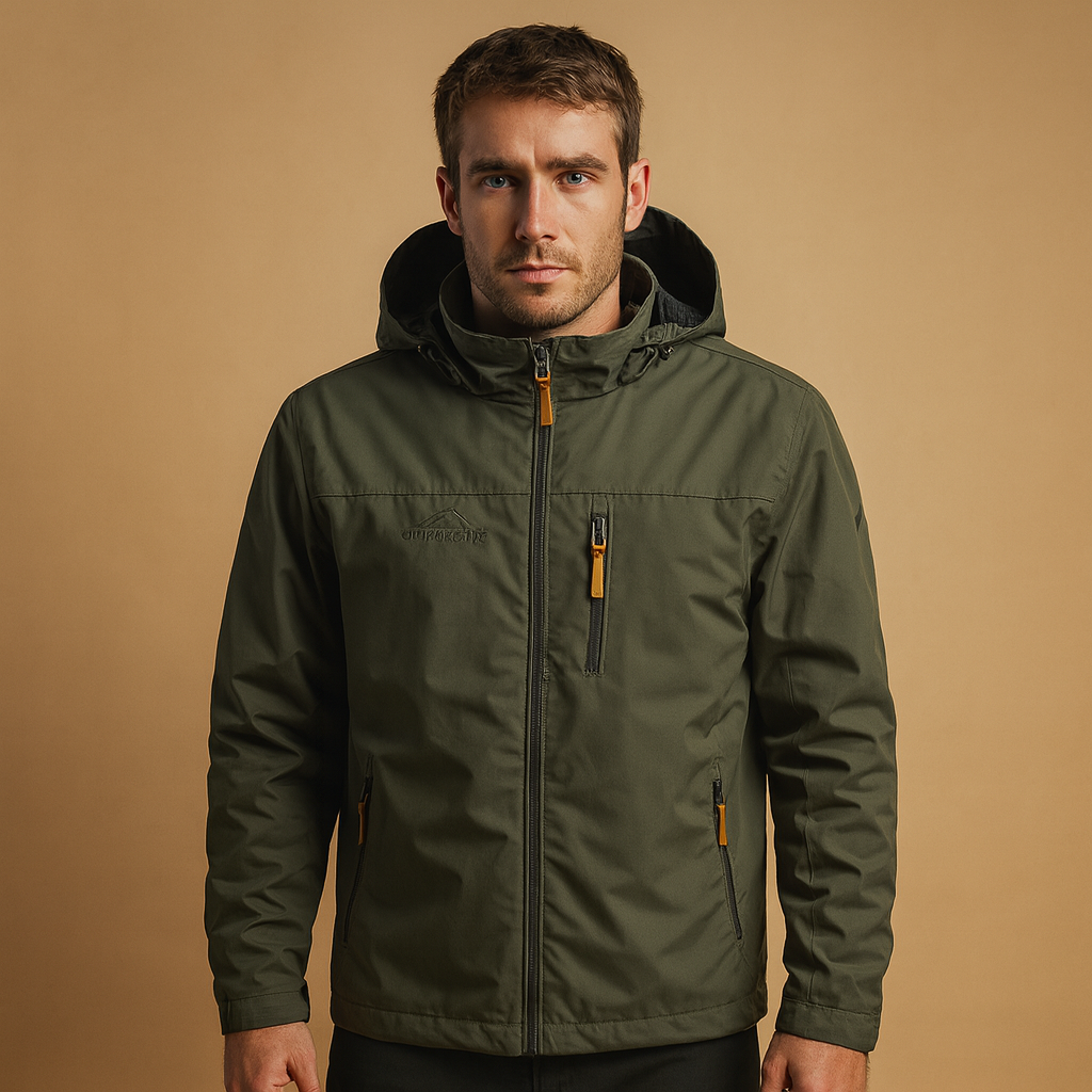 Men’s lightweight waterproof rain jacket with adjustable hood, breathable fabric, and modern design, perfect for outdoor and daily wear.