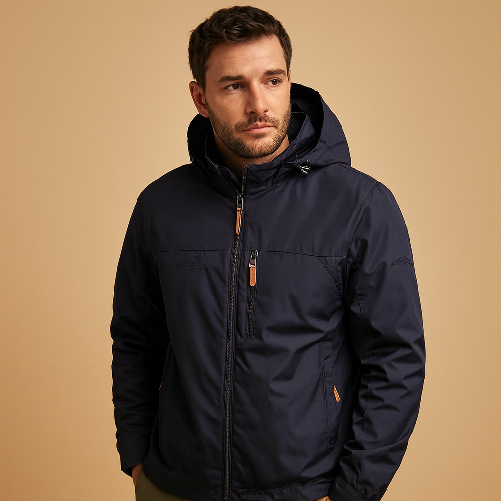 Men’s lightweight waterproof rain jacket with adjustable hood, breathable fabric, and modern design, perfect for outdoor and daily wear.