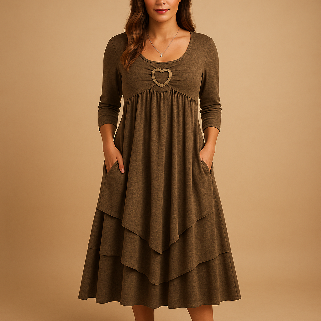 Women’s long A-line dress with O-neckline, long sleeves, pockets, and subtle ruffle details. Perfect for work, casual days, or formal occasions.