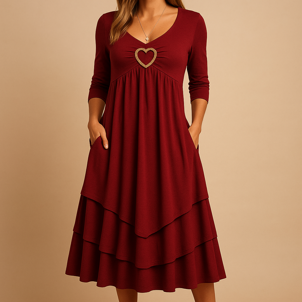 Women’s long A-line dress with O-neckline, long sleeves, pockets, and subtle ruffle details. Perfect for work, casual days, or formal occasions.