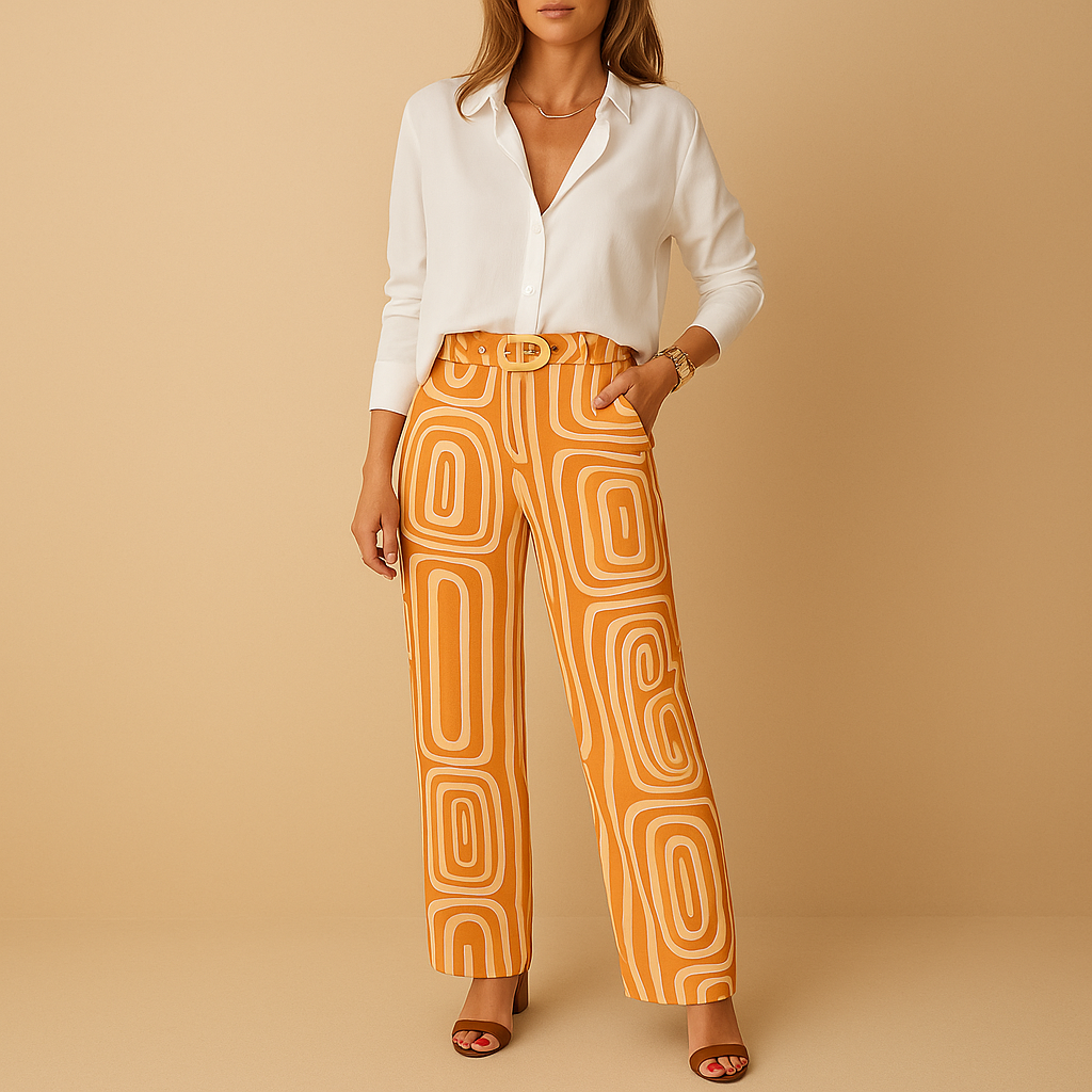 Women’s long-sleeve blouse and pants set with straight-leg fit, ideal for work, leisure, or stylish evenings out.