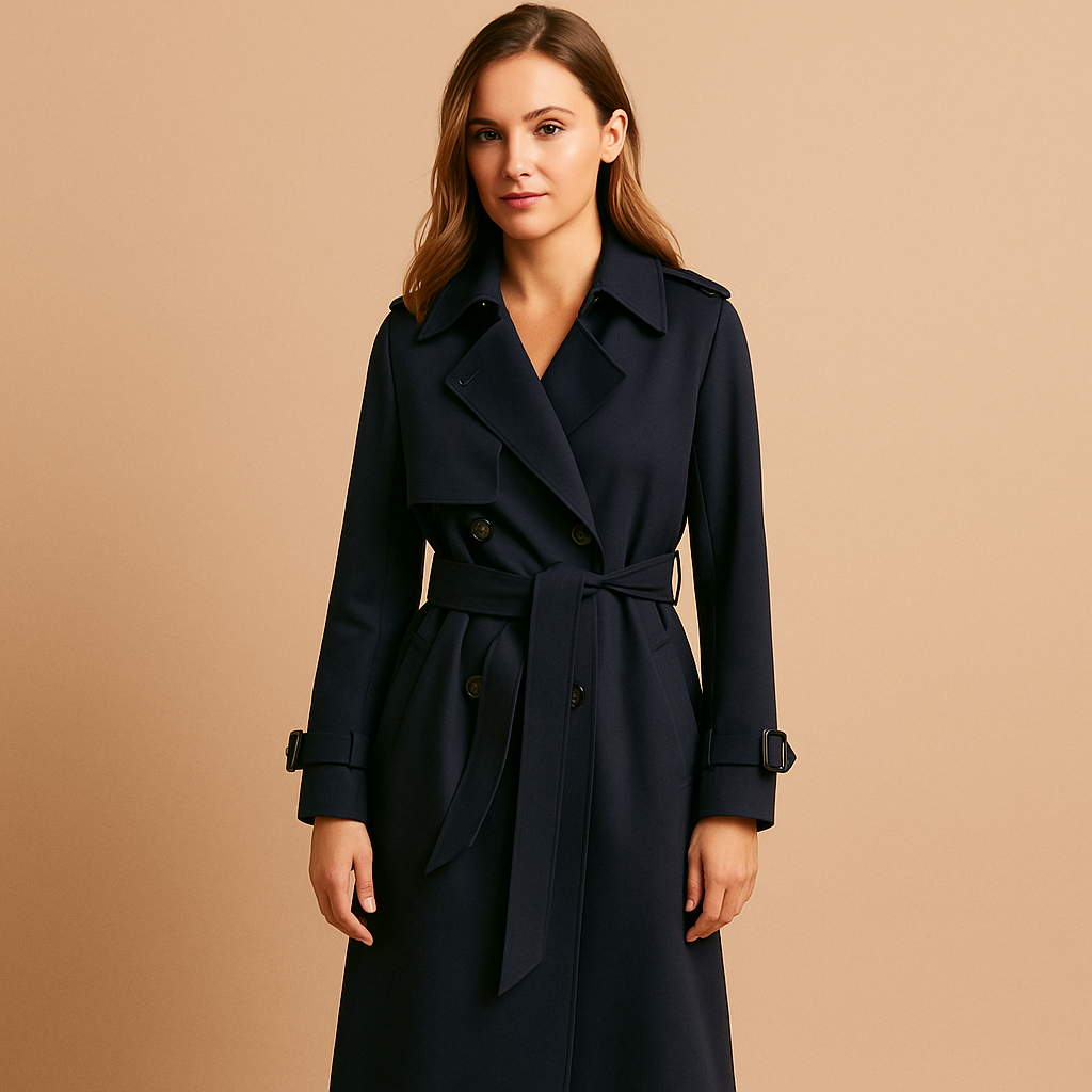 Long elegant winter coat for women with tailored fit, double-breasted closure, and structured shoulders. Ideal for formal events and winter outings.