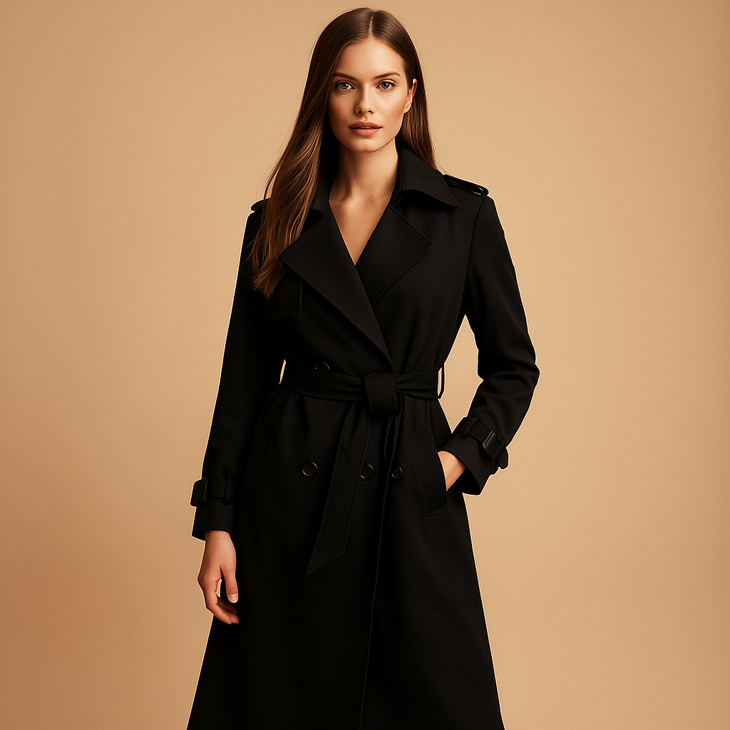 Long elegant winter coat for women with tailored fit, double-breasted closure, and structured shoulders. Ideal for formal events and winter outings.