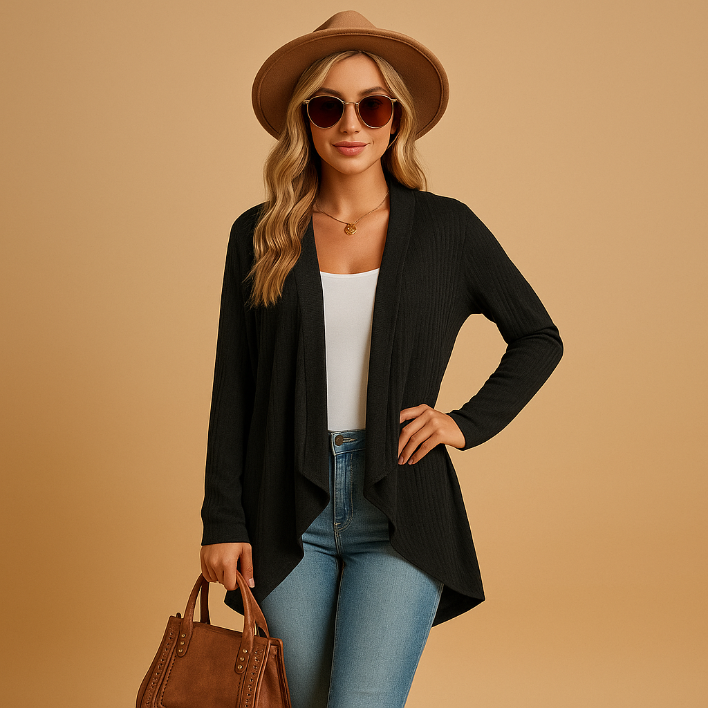 Long knit cardigan for women with relaxed fit, solid colors, and soft knitted texture. Perfect for layering in autumn, spring, or casual daily wear.