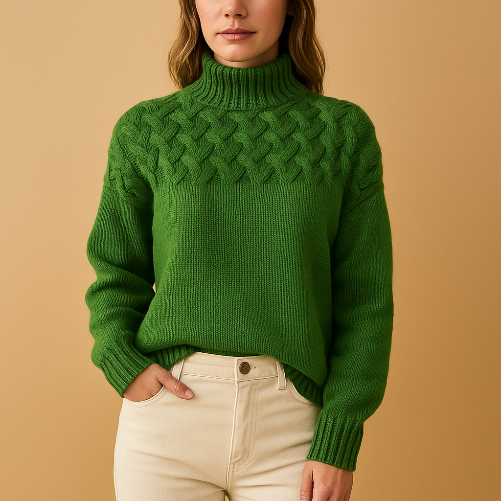 Women’s long knitted turtleneck sweater in pink, green, and blue with soft breathable knit and relaxed fit, perfect for stylish winter layering.