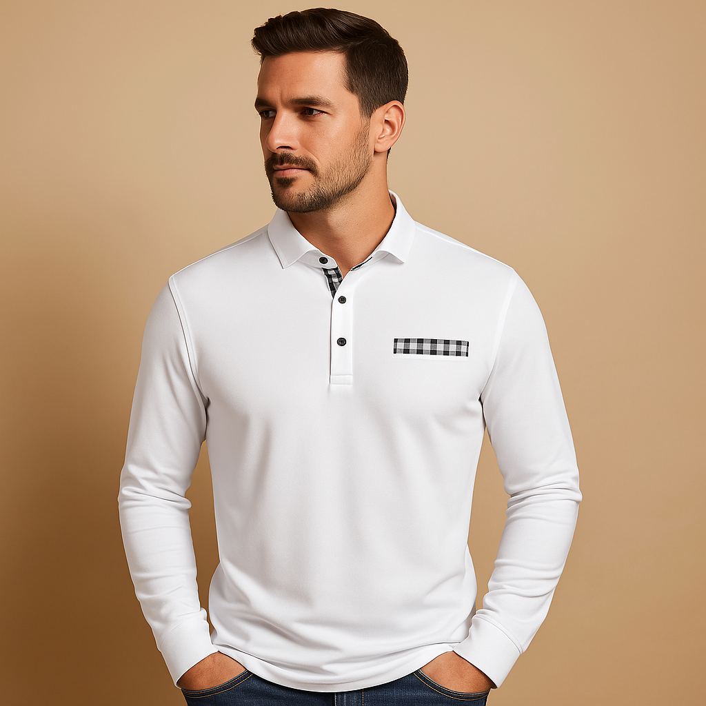 Men’s long sleeve polo shirt with collar and button closure, breathable fabric, and tailored fit, perfect for both casual and business outfits.