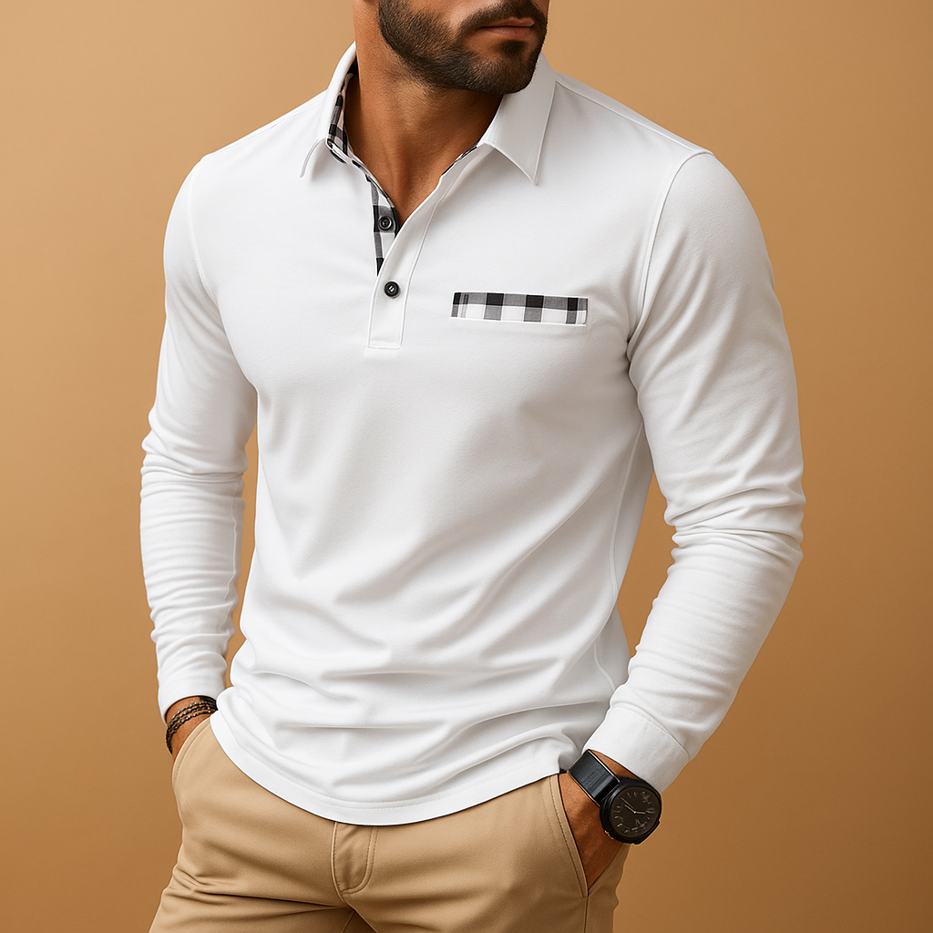 Men’s long sleeve polo shirt with collar and button closure, breathable fabric, and tailored fit, perfect for both casual and business outfits.