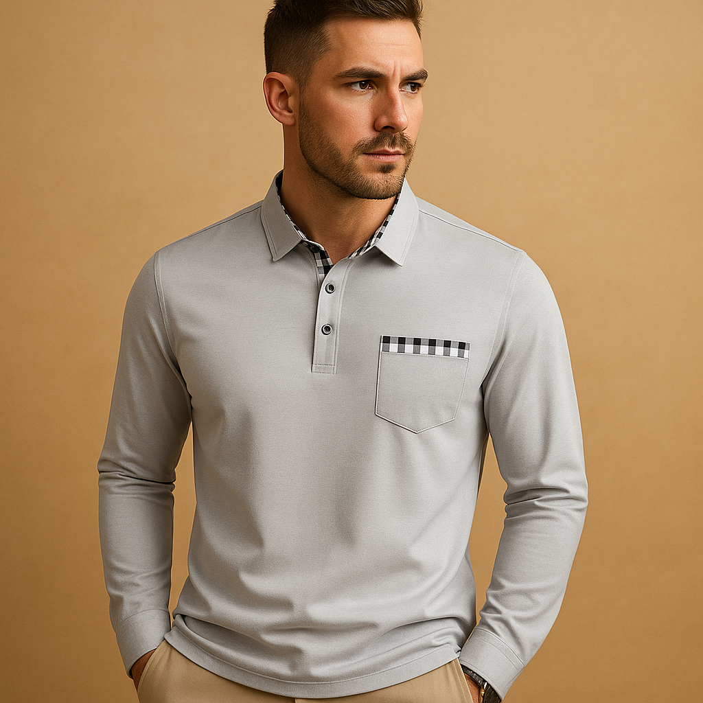 Men’s long sleeve polo shirt with collar and button closure, breathable fabric, and tailored fit, perfect for both casual and business outfits.